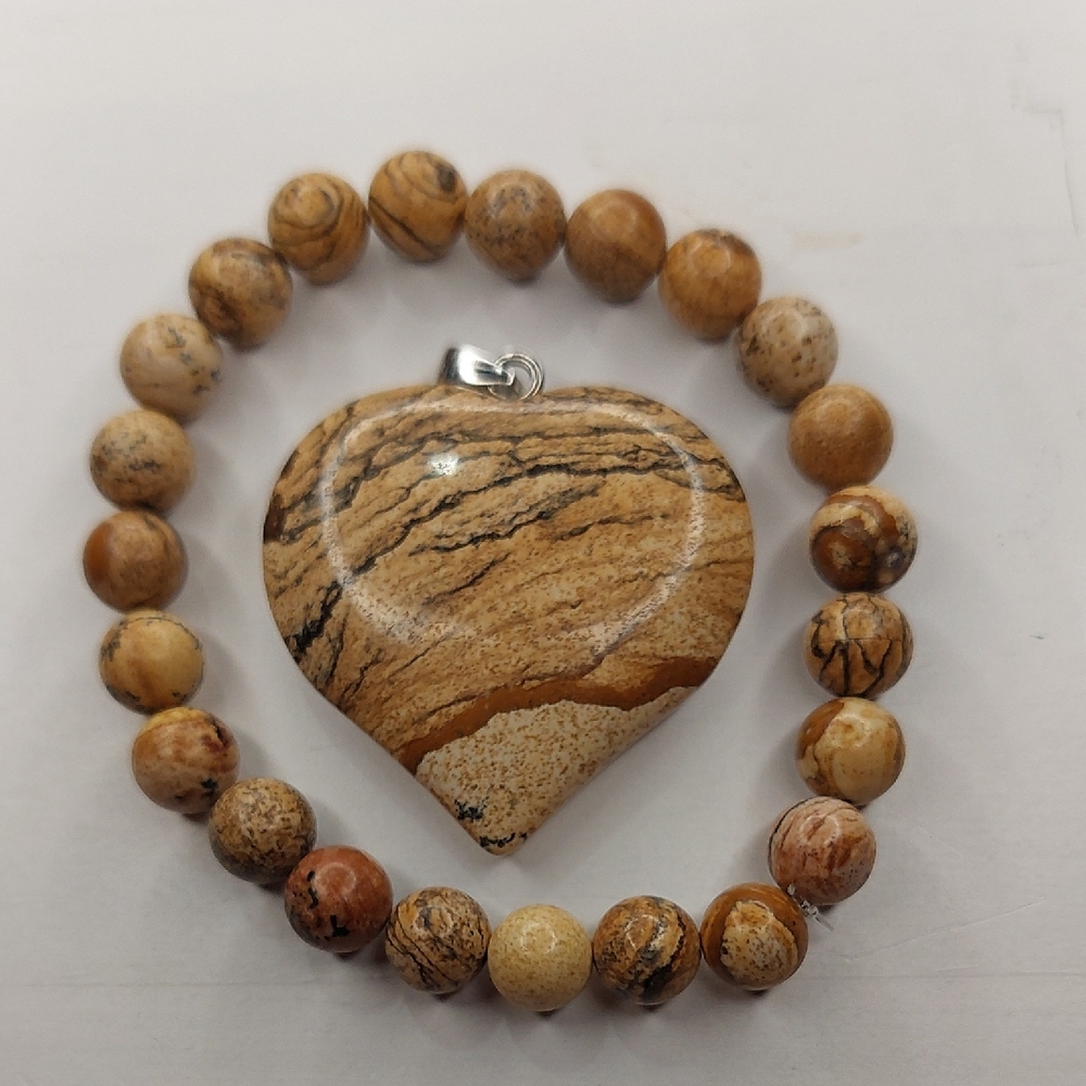 Picture Jasper stone Heart Pendant and Picture Jasper stone 8mm bead bundle #1